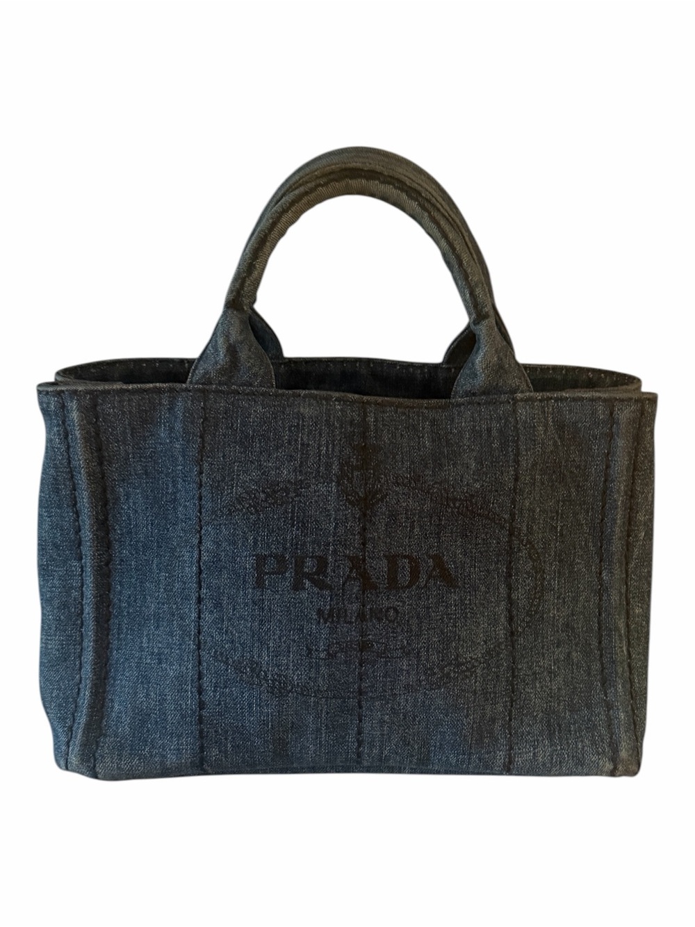 PRADA Small Canapa Denim Tote Bag Blue Canvas Gold Hardware Italy